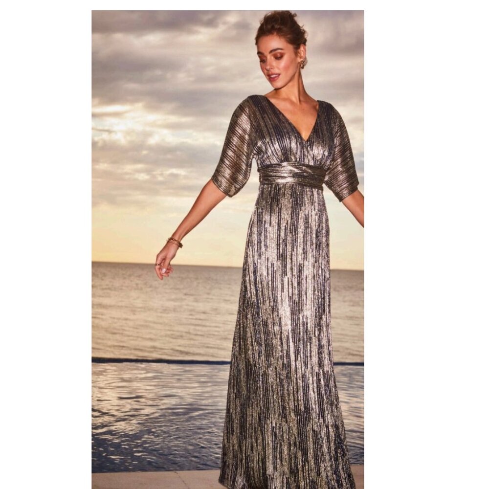 Lily Pulitzer Parigi Elbow Sleeve Maxi DRESS Metallic Rope Berry Crinkle Size L - Picture 2 of 13